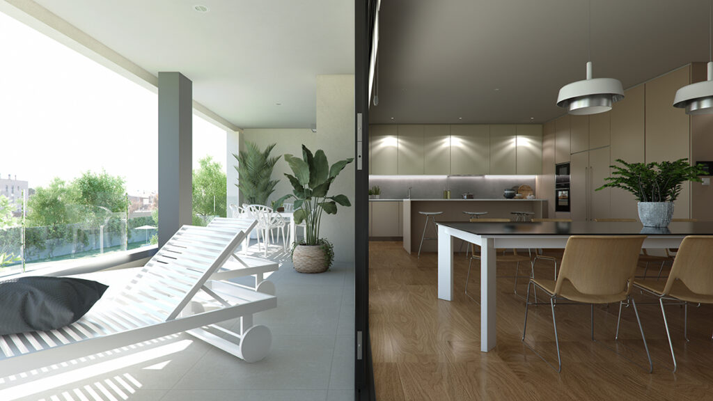 Render infografia terraza y salón de vivienda en Lérida