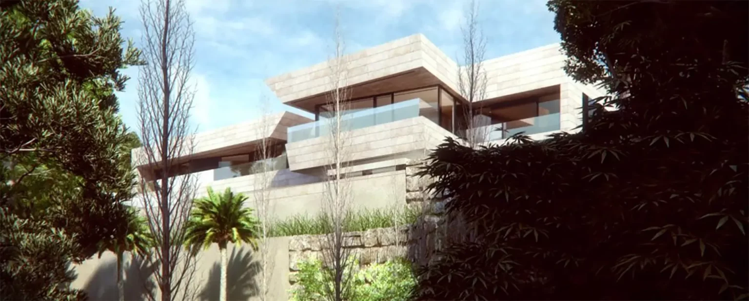 Two-story modern house with large windows and balconies, surrounded by trees and vegetation under a clear sky — render created by GAYARRE.