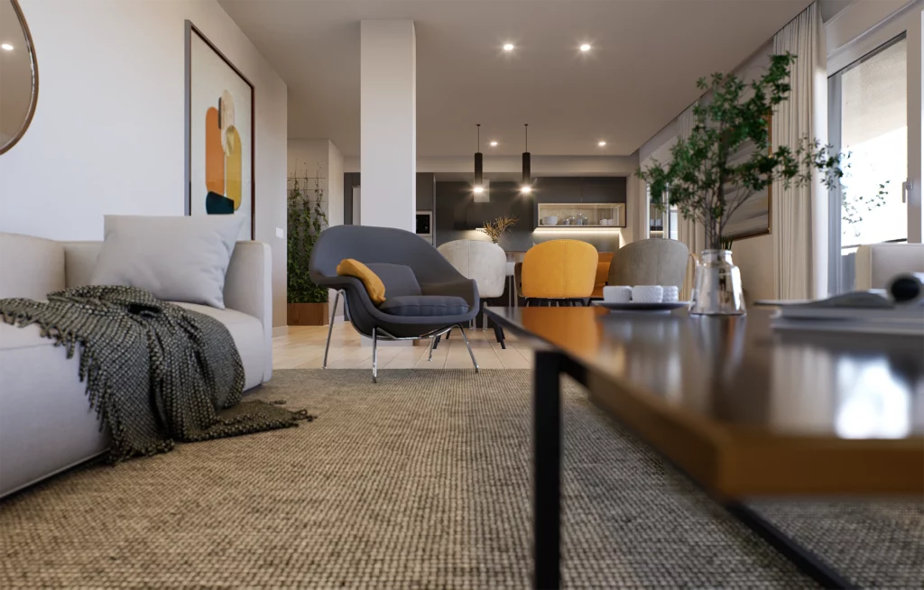 Render de salón desde el suelo de promoción inmobiliaria Minuetto para Grupo Lobe