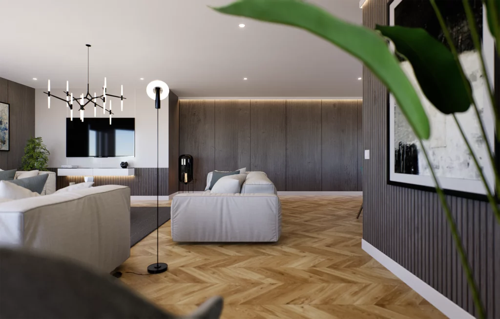 Vista interior 3D detalle del salón de viviendas de lujo en Zaragoza para Mara Promociones
