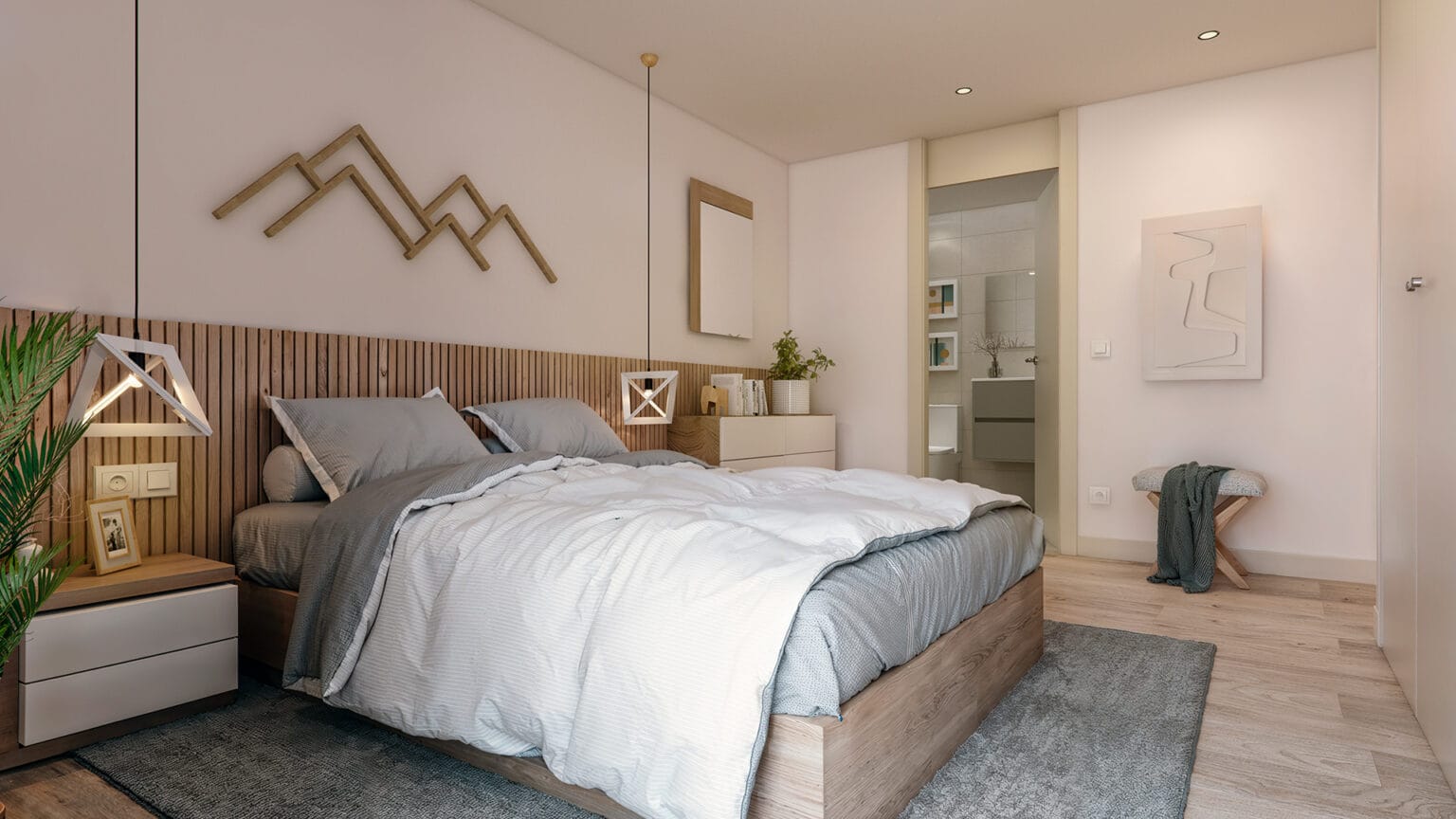 Dormitorio principal con acabados en madera en vivienda de montaña en Benasque