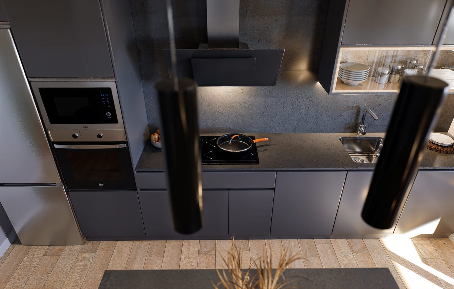 Vista elevada de cocina integrada en vivienda Minuetto Zaragoza
