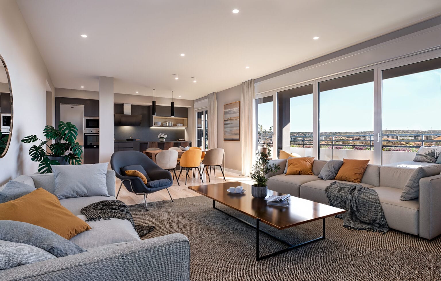 Salón moderno con grandes ventanales en promoción Minuetto Zaragoza