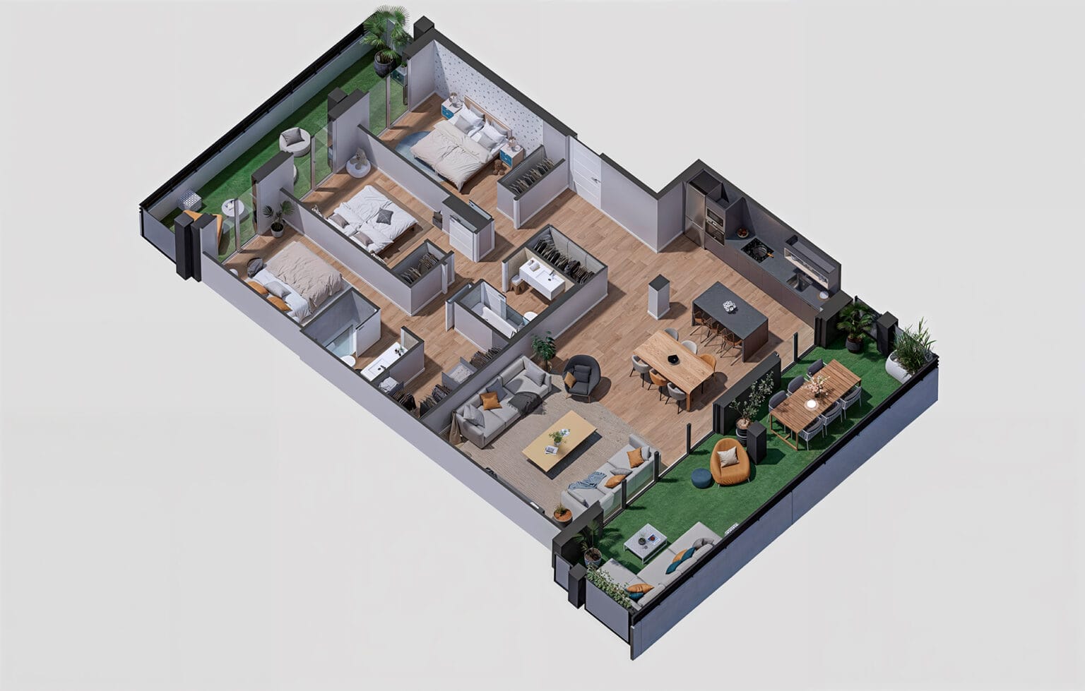 Vista axonométrica de vivienda con espacios abiertos en promoción Minuetto Zaragoza