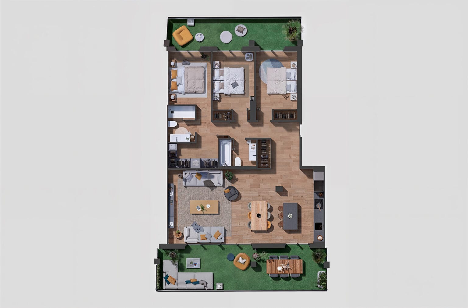 Vista cenital de vivienda con salón, cocina abierta y terraza en promoción Minuetto Zaragoza