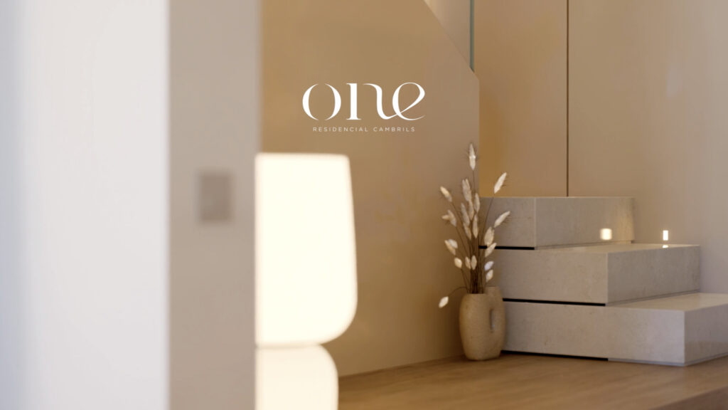 Interior de ONE con escalera flotante de piedra, pared beige, jarrón con ramas secas y lámpara de pie — creado por GAYARRE