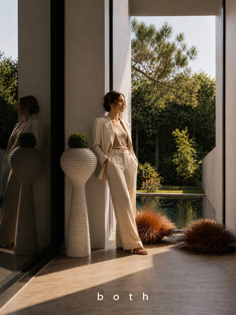 Una mujer vestida con un traje claro se encuentra junto a la puerta acristalada de una casa moderna, con su reflejo visible a su lado. La vegetación, una piscina resplandeciente y plantas esculpidas completan el ambiente lujoso del fondo. La luz del sol proyecta sombras suaves por todo este elegante escenario, que recuerda a las imágenes de la «vivienda de lujo en Marbella» de los arquitectos de A-cero. La palabra «A-cero» aparece en la parte inferior.