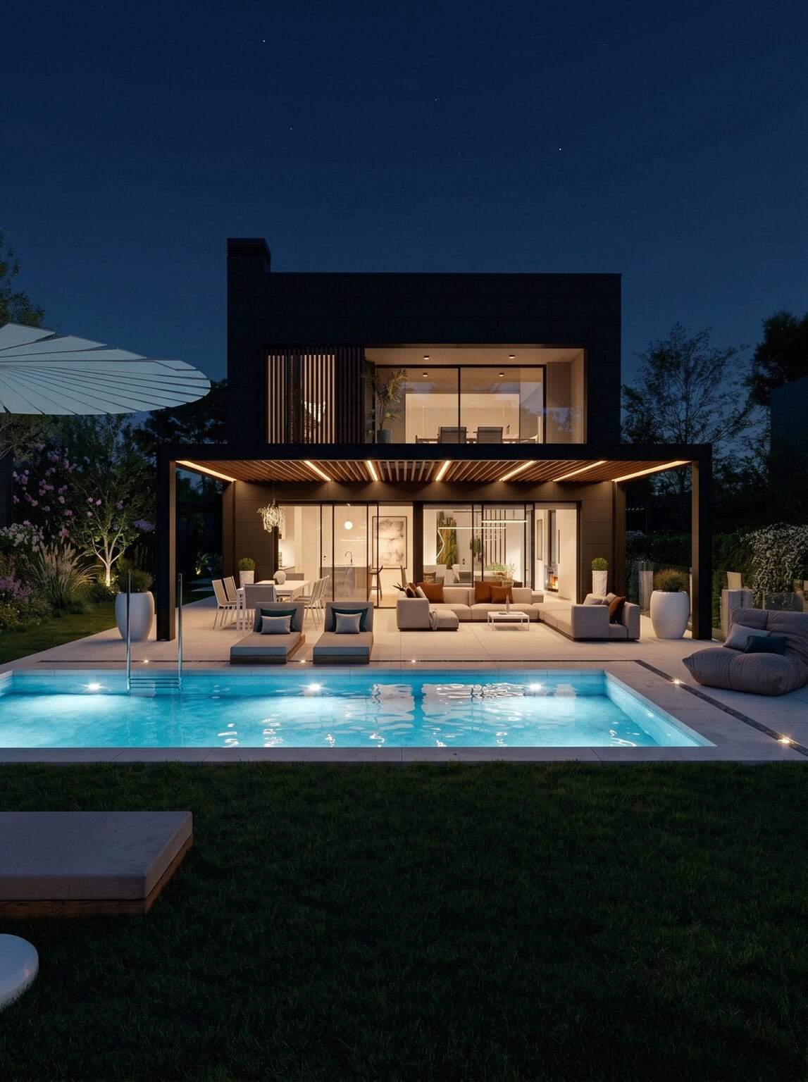 Casa moderna de dos plantas con terraza cubierta, piscina iluminada y jardín nocturno, FUENTES CLARAS — render creado por GAYARRE