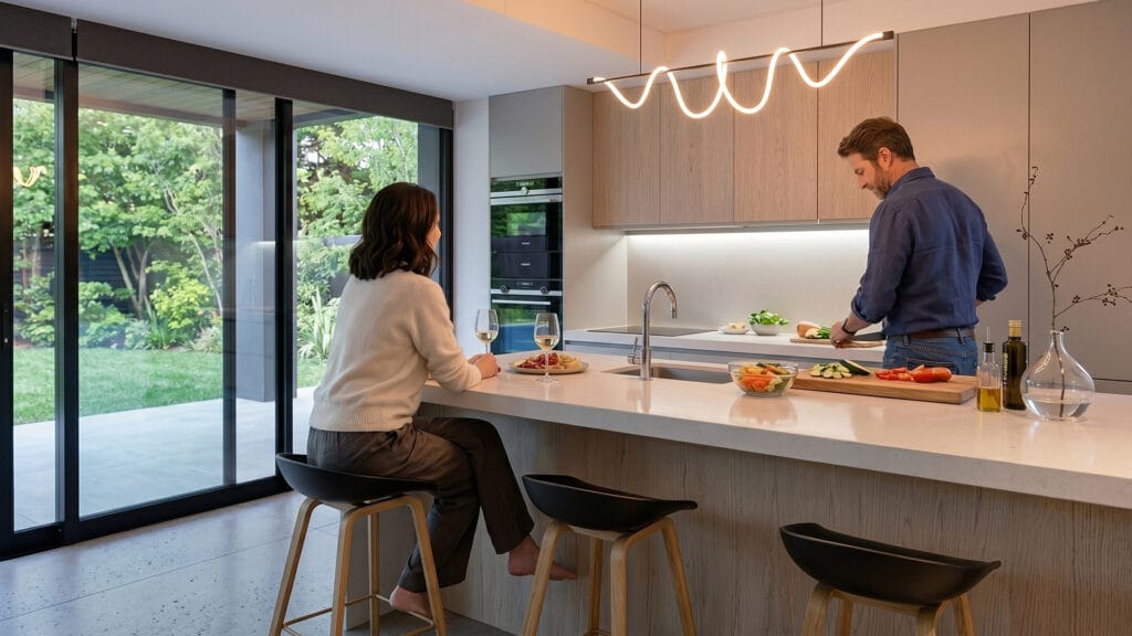 A woman sits on the kitchen island with a glass of wine while a man cuts vegetables on the countertop. The modern kitchen features large windows opening onto a lush green garden — render created by GAYARRE.