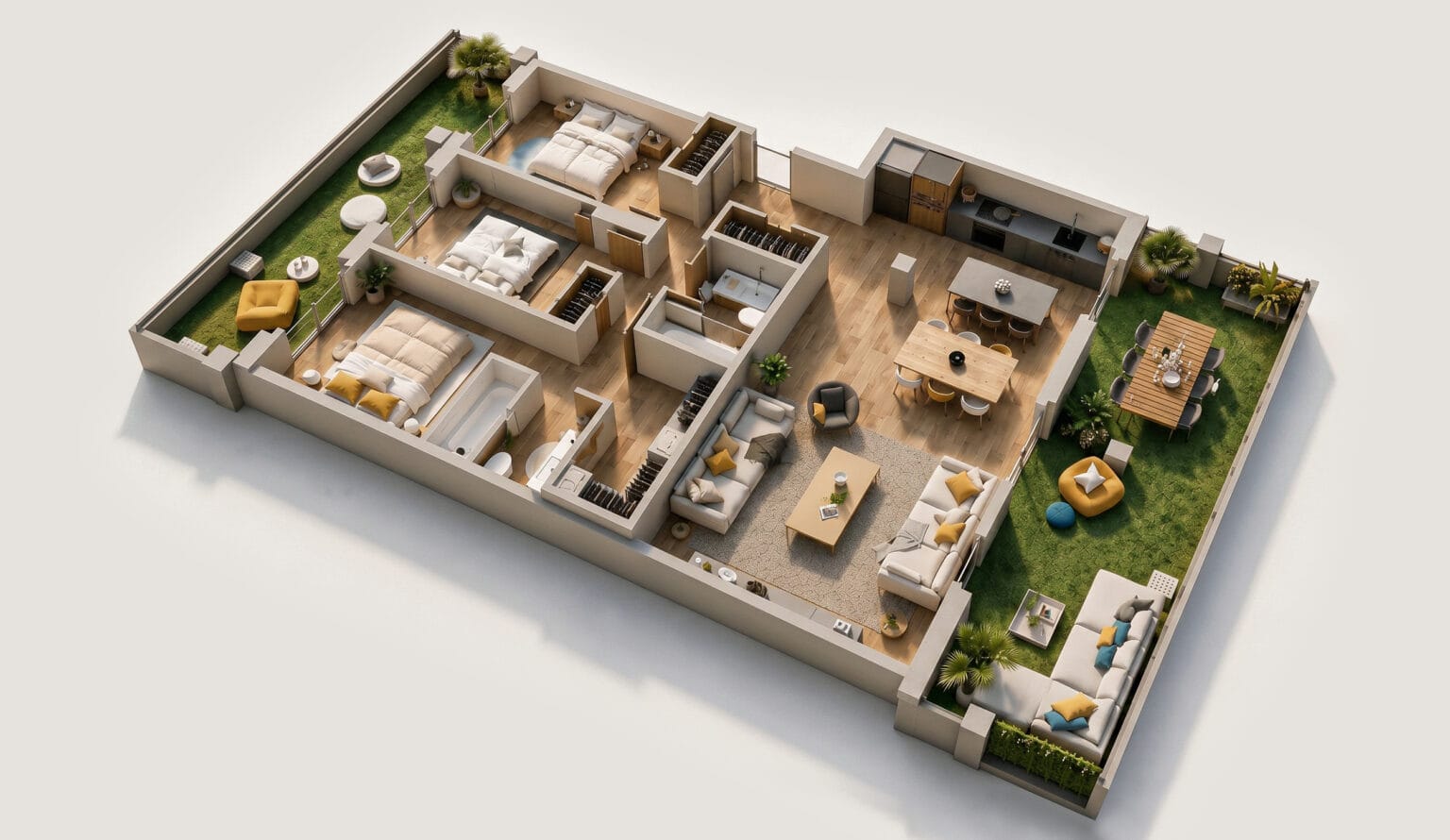 Vista cenital de una vivienda con salón, cocina, dormitorios, baños y terrazas ajardinadas — render creado por GAYARRE.