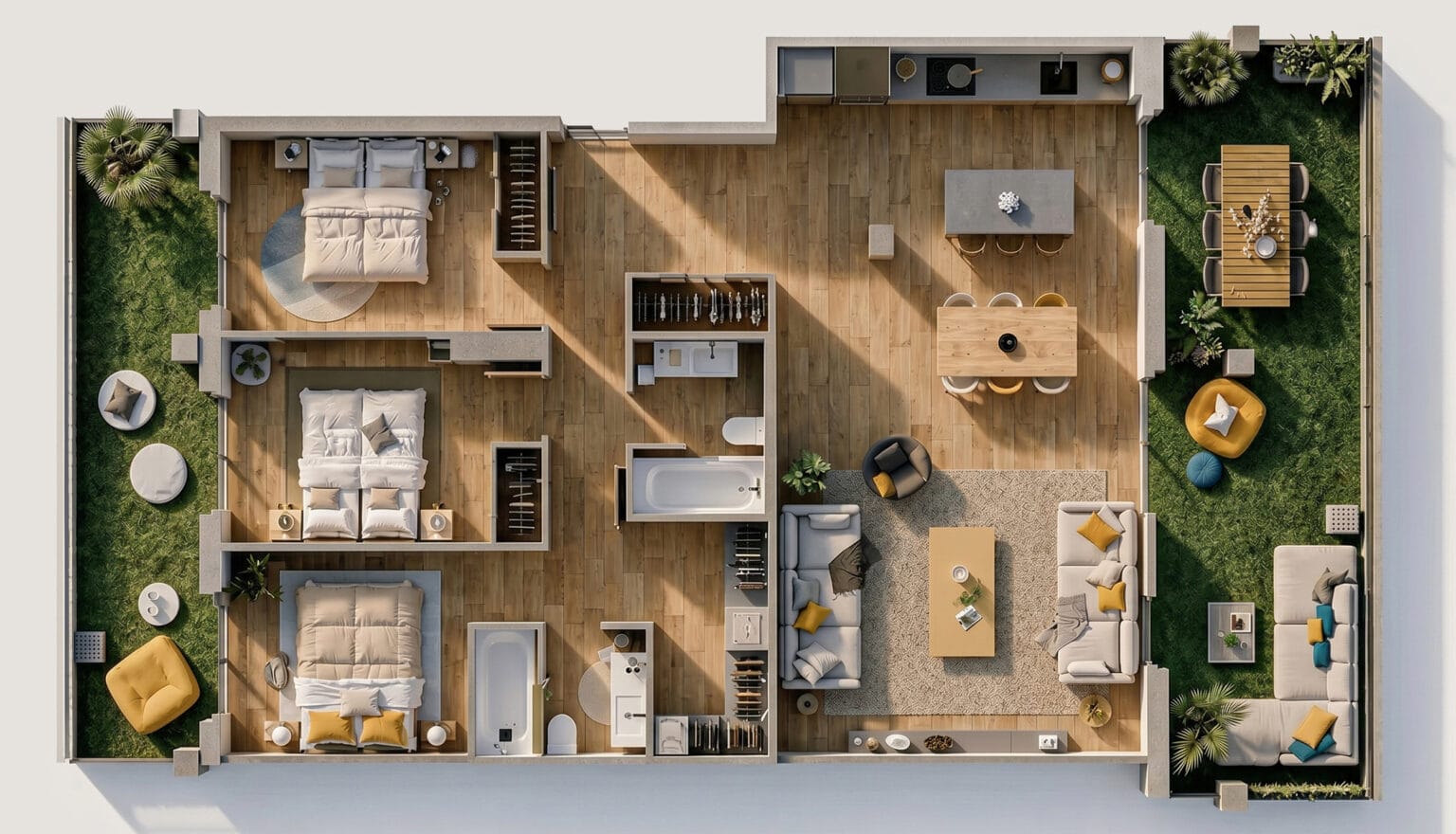 Planta arquitectónica en vista superior de una vivienda amueblada, con tres dormitorios, dos baños, salón, cocina, comedor y terrazas ajardinadas — render creado por GAYARRE.