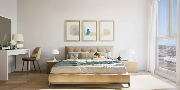Dormitorio luminoso de LAUREDAL con cama de tonos beige y azul, mesillas, cuadros, escritorio junto a la ventana y vistas urbanas — render facilitado por el cliente