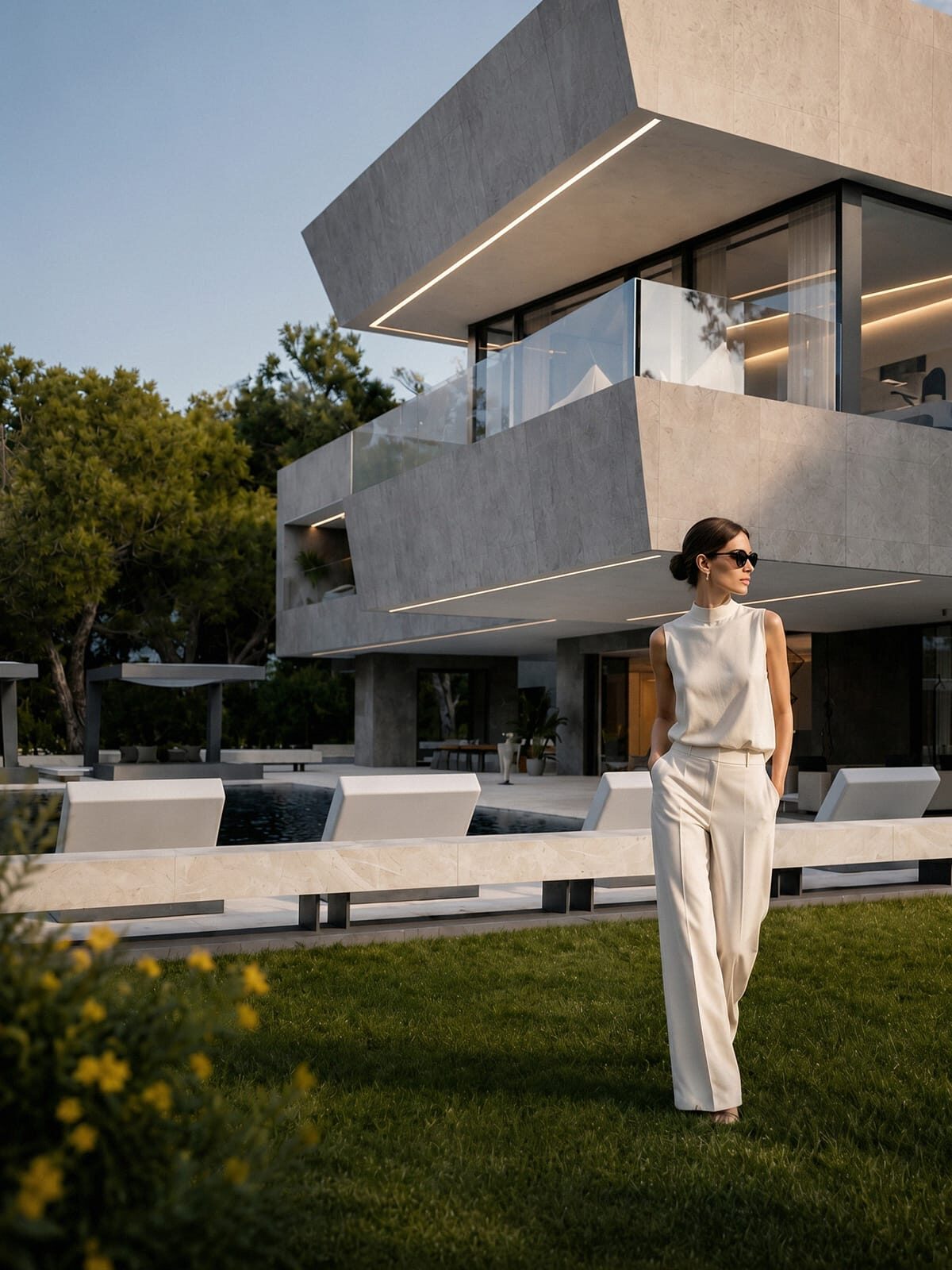 Casa moderna de hormigón y vidrio junto a una piscina, con una mujer de pie sobre el césped y árboles al fondo, en el proyecto BOTH — creado por GAYARRE